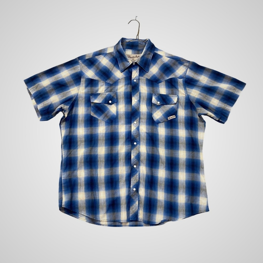 Wrangler Wrancher Western Pearl Snap Shirt Mens XL Blue Plaid Short Sleeve